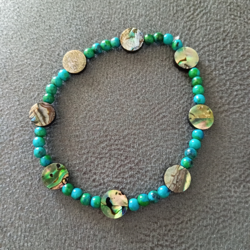 Hand Crafted Mother of pearl abalone bracelet with turquoise gemstones
